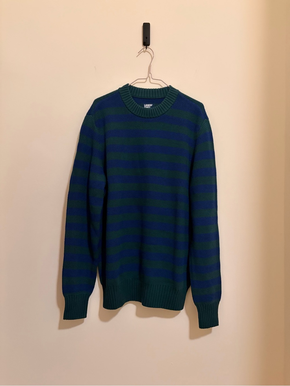 Lands' End Men's Blue and Green Striped Textured Crewneck Sweater